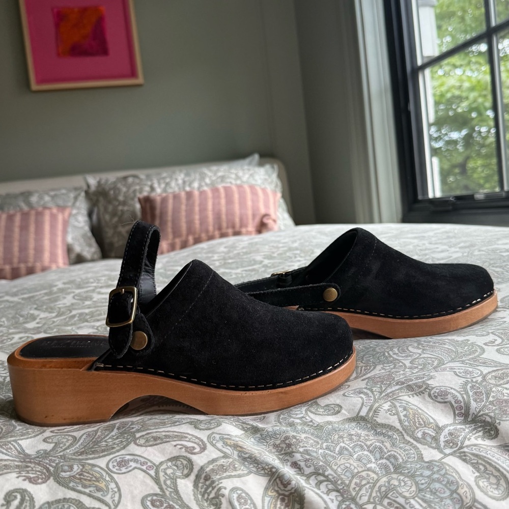 Re-done Black Suede 70s Clogs with Wooden Sole, 37.